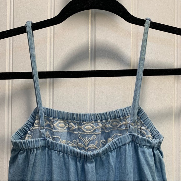 Small. Thin blue jean/ chambray jumpsuit. Embroidered top. - Picture 7 of 14